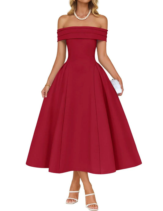 Fashionable A-Line Off the Shoulder Sleeveless Back Zip Tea-Length prom dress for women