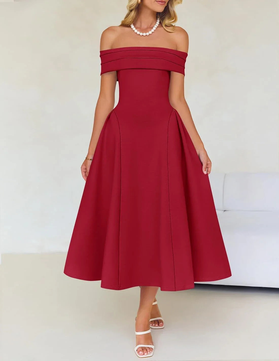 Fashionable A-Line Off the Shoulder Sleeveless Back Zip Tea-Length prom dress for women