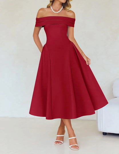 Fashionable A-Line Off the Shoulder Sleeveless Back Zip Tea-Length prom dress for women