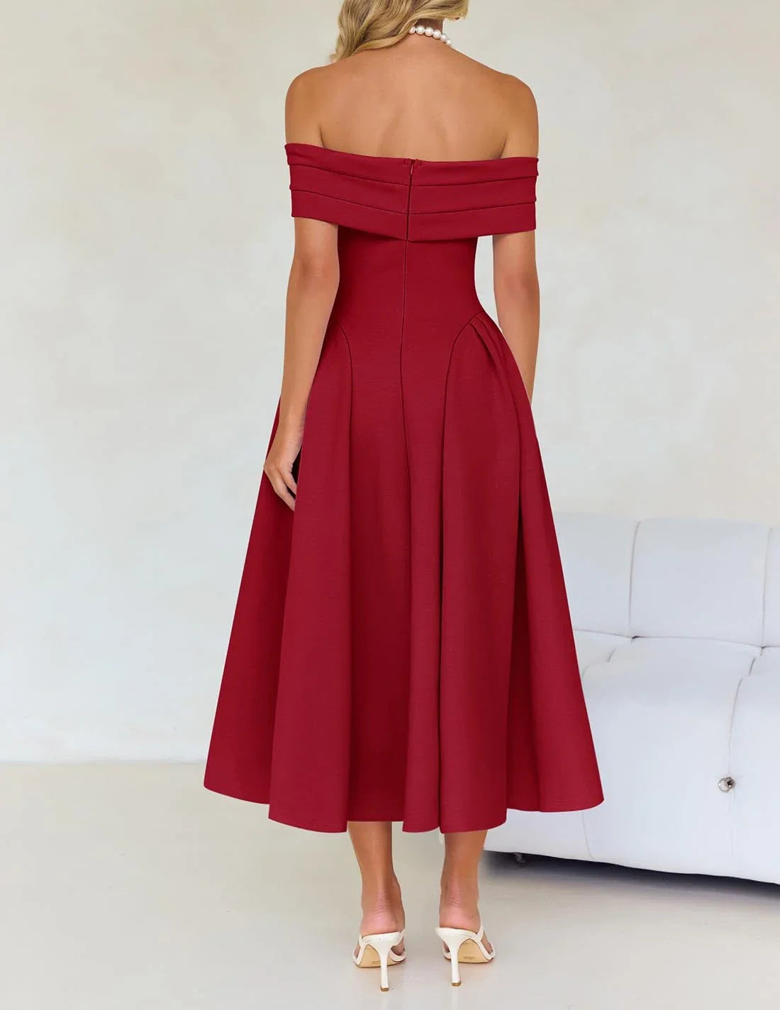 Fashionable A-Line Off the Shoulder Sleeveless Back Zip Tea-Length prom dress for women