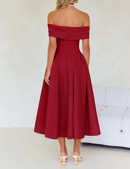 Fashionable A-Line Off the Shoulder Sleeveless Back Zip Tea-Length prom dress for women