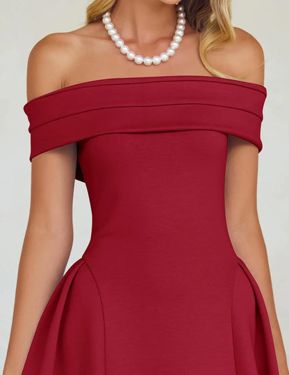 Fashionable A-Line Off the Shoulder Sleeveless Back Zip Tea-Length prom dress for women