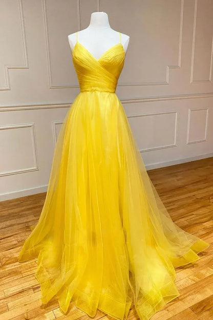 Fashionable A-Line Spaghetti Straps Sleeveless Tulle  Backless Sweep/Brush Train Prom Dress