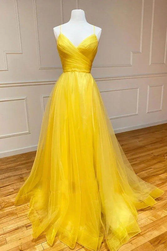 Fashionable A-Line Spaghetti Straps Sleeveless Tulle  Backless Sweep/Brush Train Prom Dress