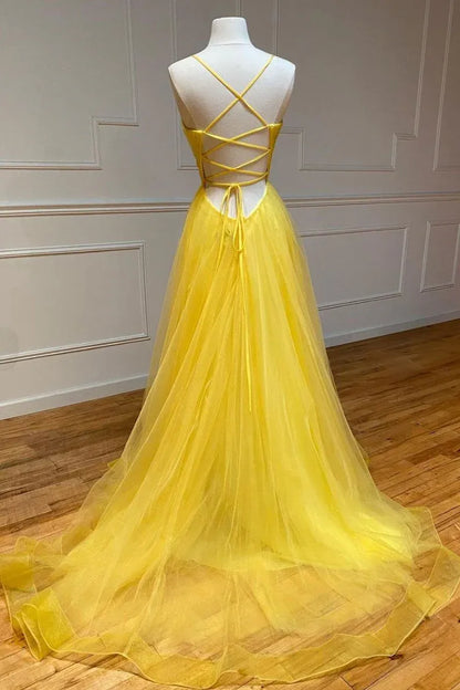 Fashionable A-Line Spaghetti Straps Sleeveless Tulle  Backless Sweep/Brush Train Prom Dress