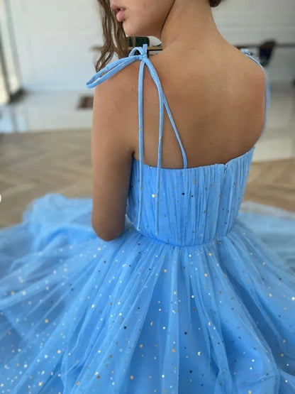 Fashionable A-Line Spaghetti Straps Sleeveless Tulle Pleated Ankle-Length Prom Dress