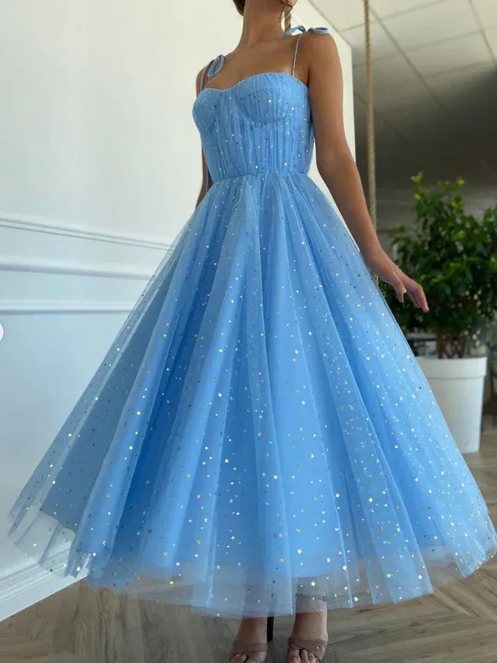 Fashionable A-Line Spaghetti Straps Sleeveless Tulle Pleated Ankle-Length Prom Dress