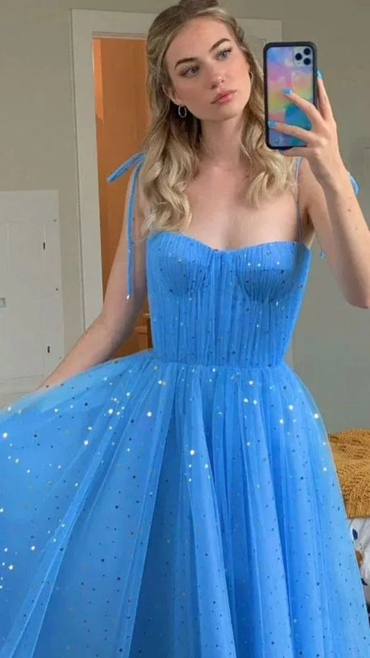Fashionable A-Line Spaghetti Straps Sleeveless Tulle Pleated Ankle-Length Prom Dress