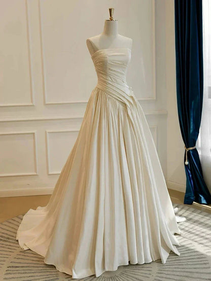 Fashionable A-Line Strapless Sleeveless Crisscross Back Chapel Train prom dress for women