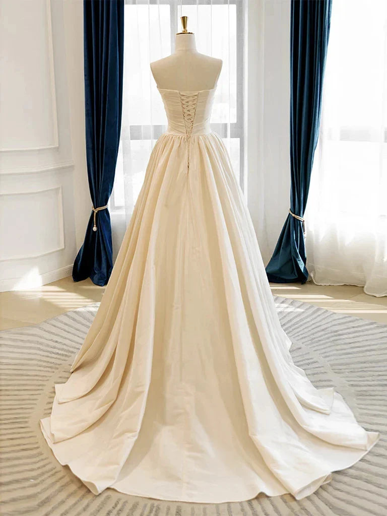 Fashionable A-Line Strapless Sleeveless Crisscross Back Chapel Train prom dress for women