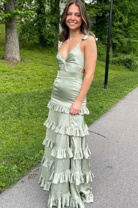 Fashionable A-Line V-Neck Sleeveless Satin Ruffles Floor-Length Prom Dress