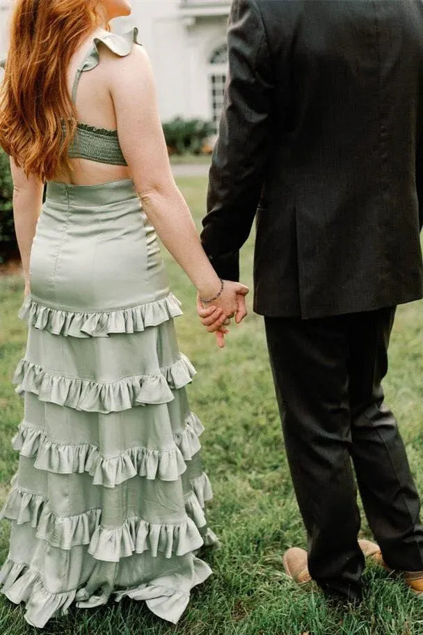 Fashionable A-Line V-Neck Sleeveless Satin Ruffles Floor-Length Prom Dress