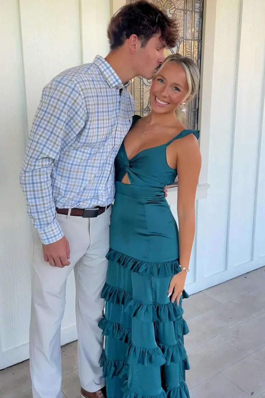 Fashionable A-Line V-Neck Sleeveless Satin Ruffles Floor-Length Prom Dress