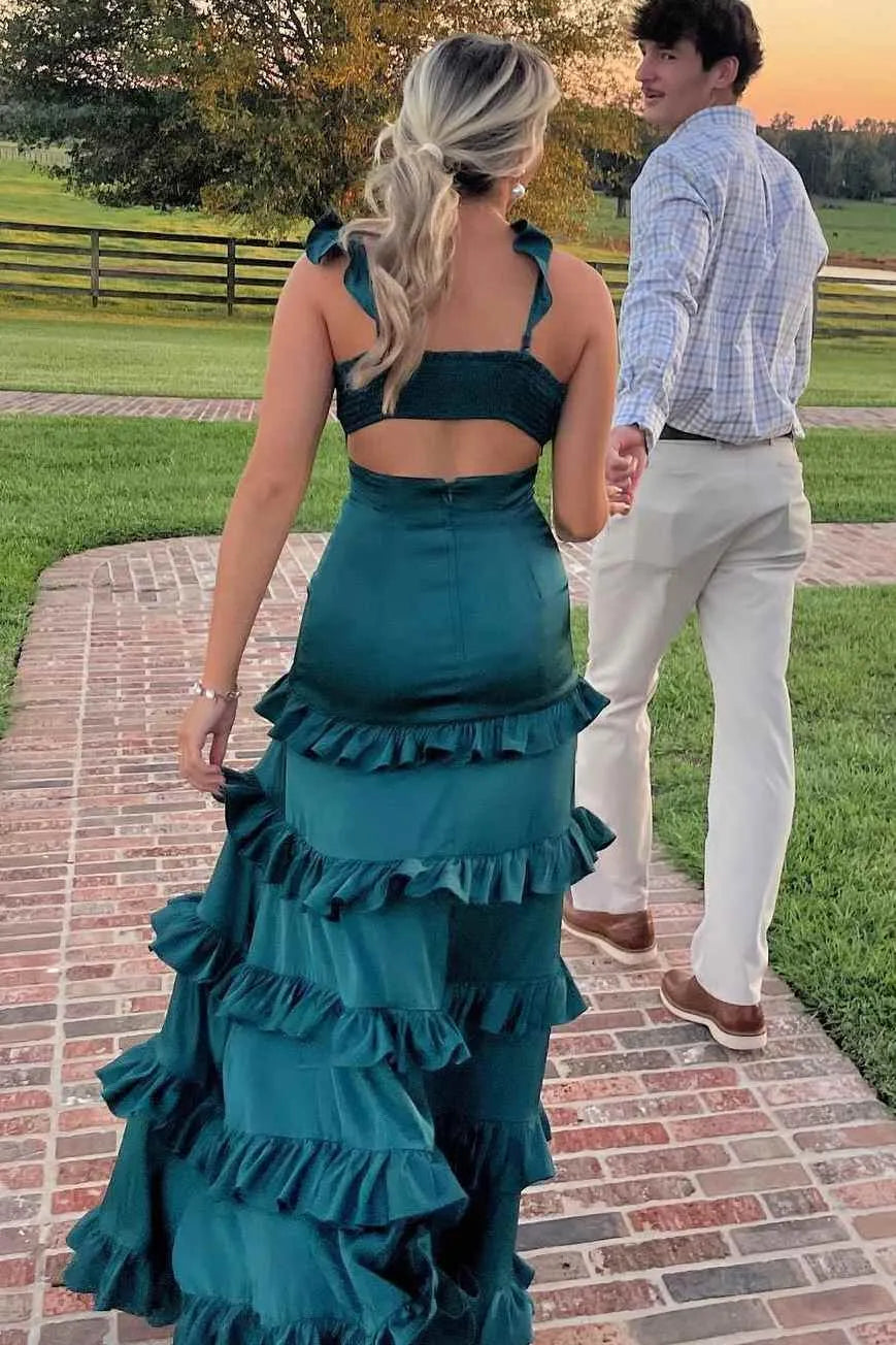 Fashionable A-Line V-Neck Sleeveless Satin Ruffles Floor-Length Prom Dress