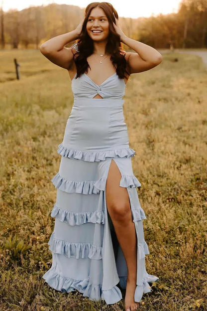 Fashionable A-Line V-Neck Sleeveless Satin Ruffles Floor-Length Prom Dress