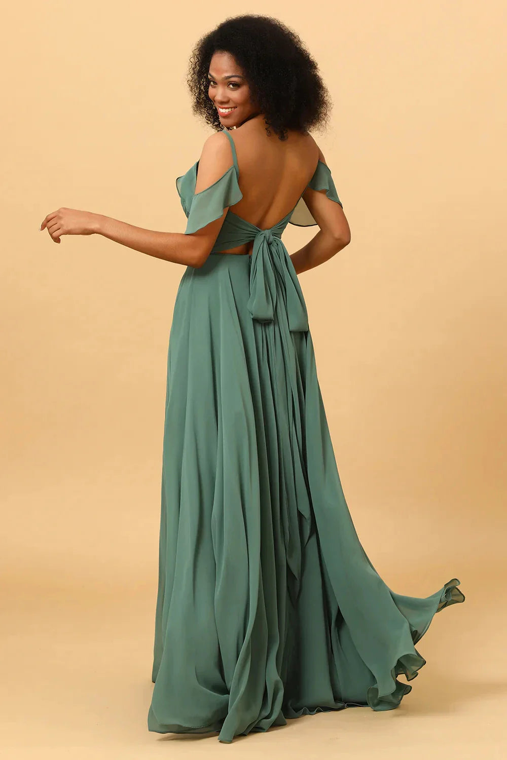 Fashionable A-Line V Neck Cap Sleeve Backless Floor-Length Side Slit Bridesmaid Dress for women