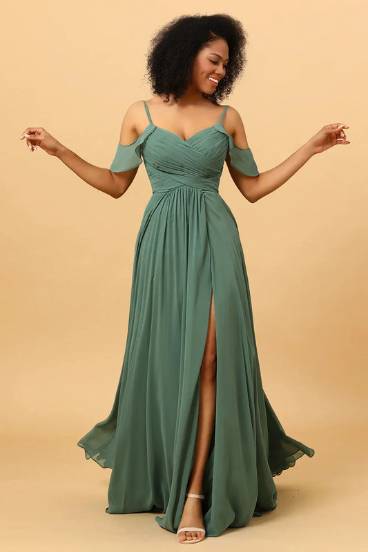 Fashionable A-Line V Neck Cap Sleeve Backless Floor-Length Side Slit Bridesmaid Dress for women