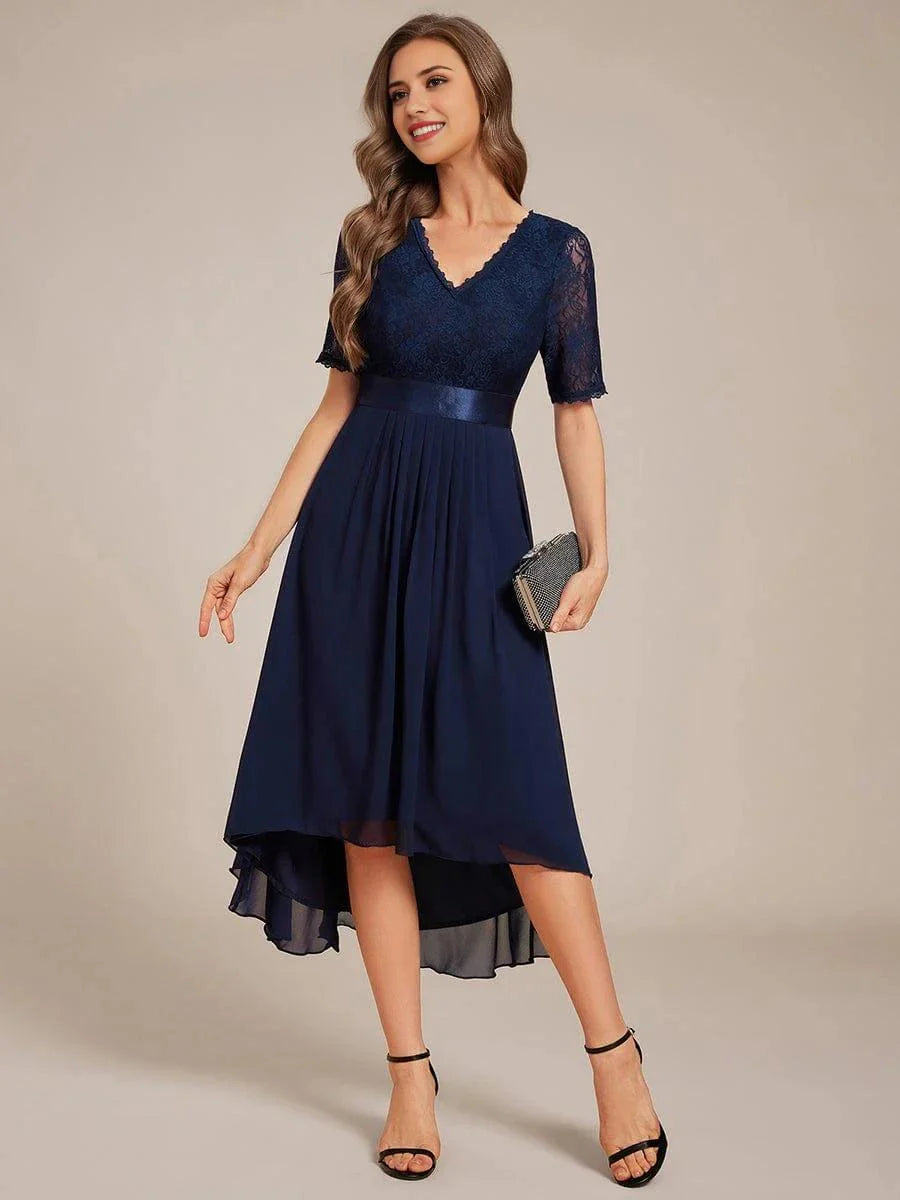 Fashionable A-Line V Neck Short Sleeve Back Zip Tea-Length Mother of the Bride Dress for ladies