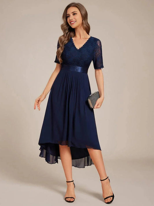 Fashionable A-Line V Neck Short Sleeve Back Zip Tea-Length Mother of the Bride Dress for ladies