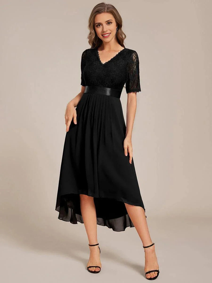 Fashionable A-Line V Neck Short Sleeve Back Zip Tea-Length Mother of the Bride Dress for ladies