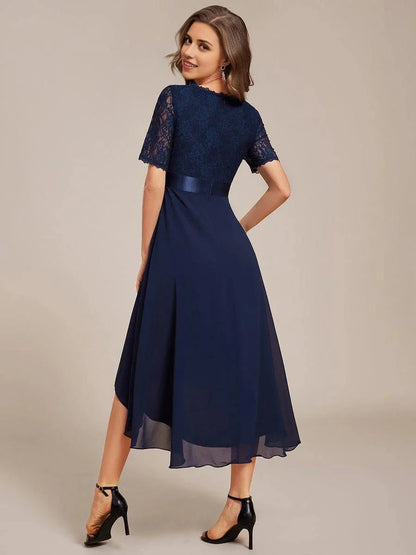 Fashionable A-Line V Neck Short Sleeve Back Zip Tea-Length Mother of the Bride Dress for ladies