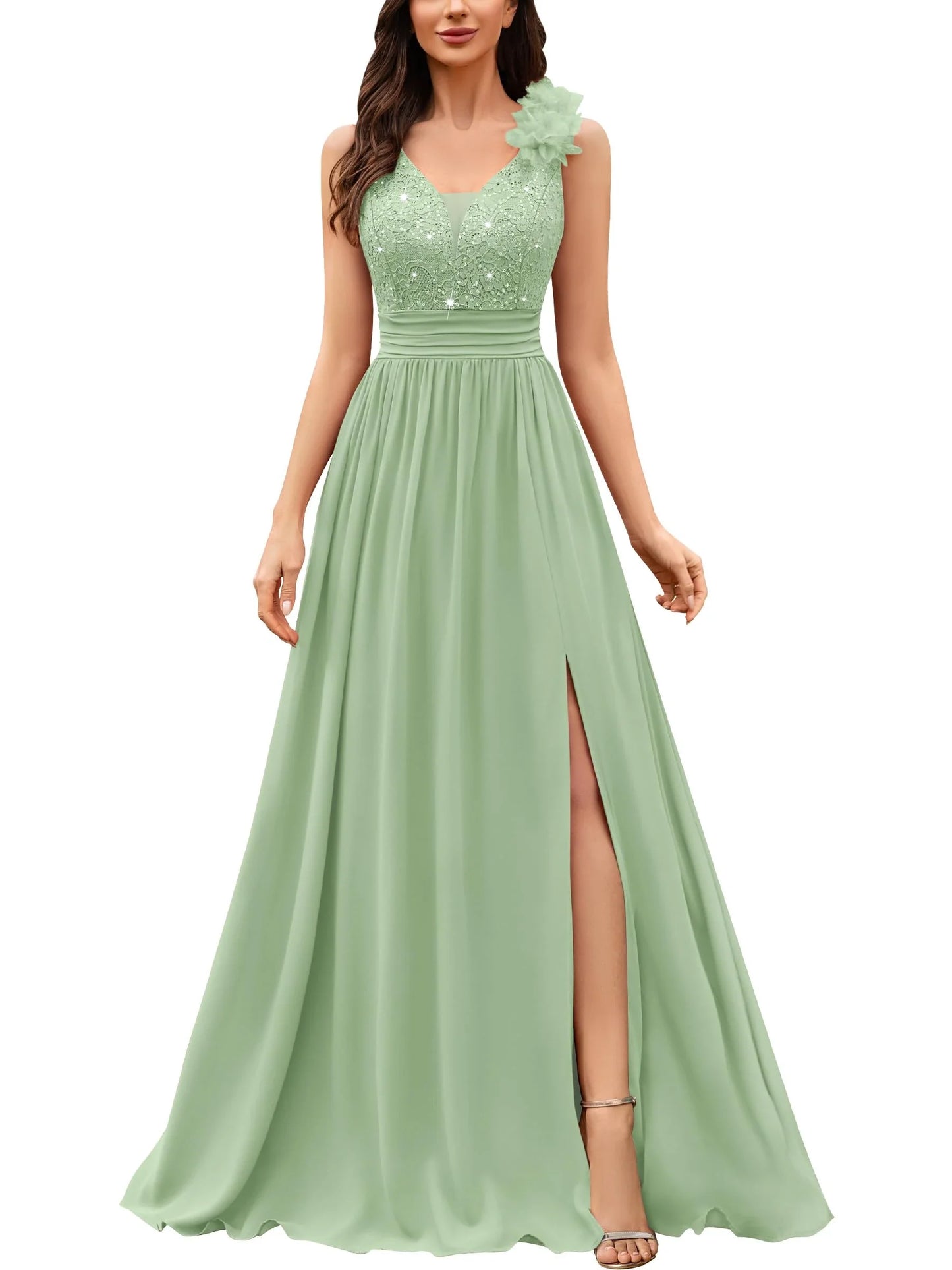 Fashionable A-Line V Neck Sleeveless Back Zip Floor-Length Side Slit prom dress for women