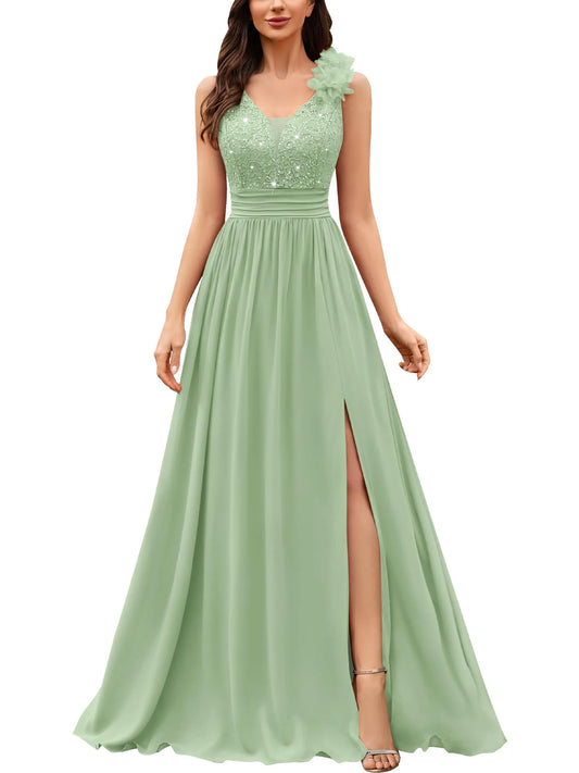 Fashionable A-Line V Neck Sleeveless Back Zip Floor-Length Side Slit prom dress for women
