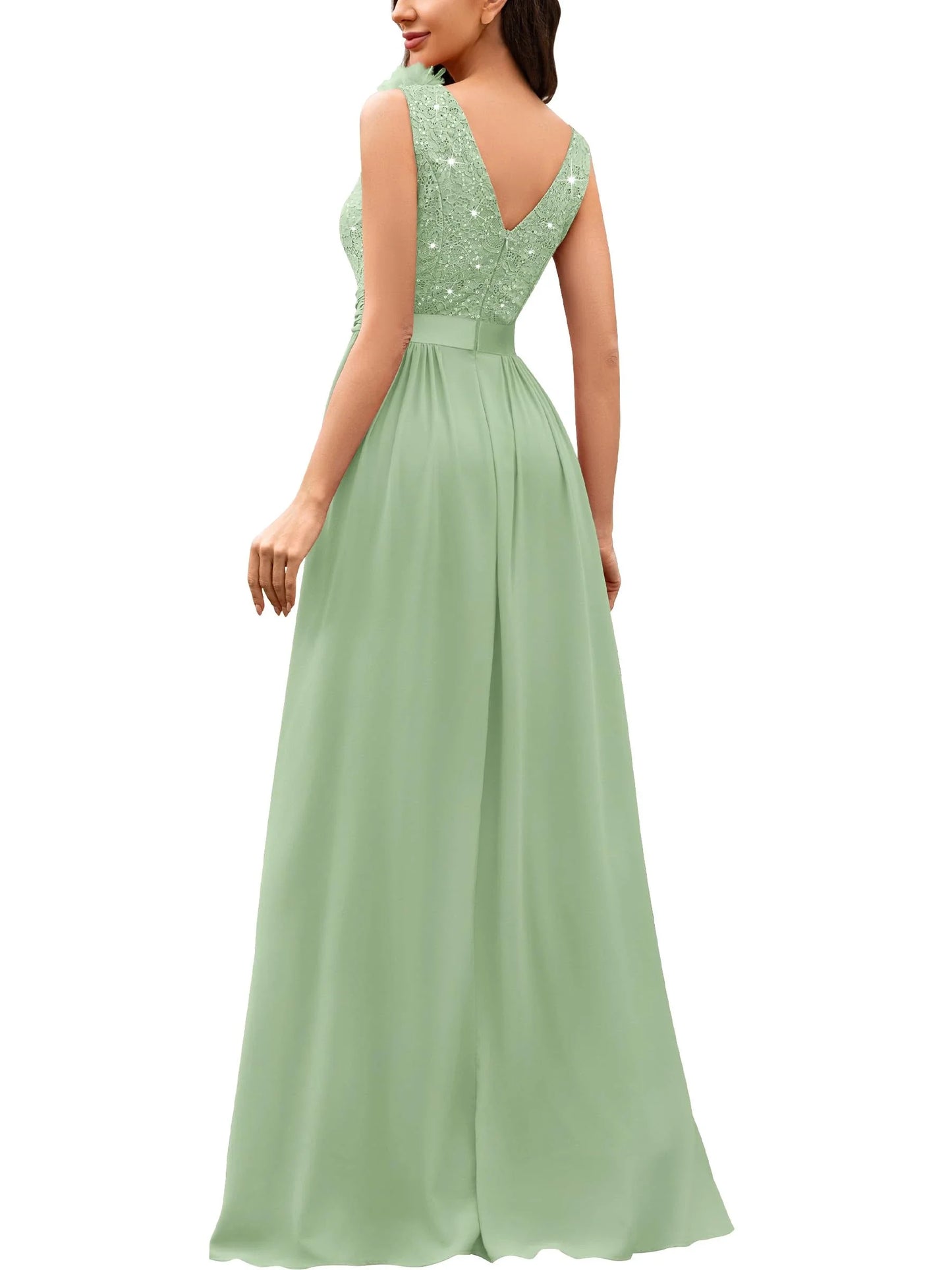 Fashionable A-Line V Neck Sleeveless Back Zip Floor-Length Side Slit prom dress for women