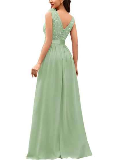 Fashionable A-Line V Neck Sleeveless Back Zip Floor-Length Side Slit prom dress for women