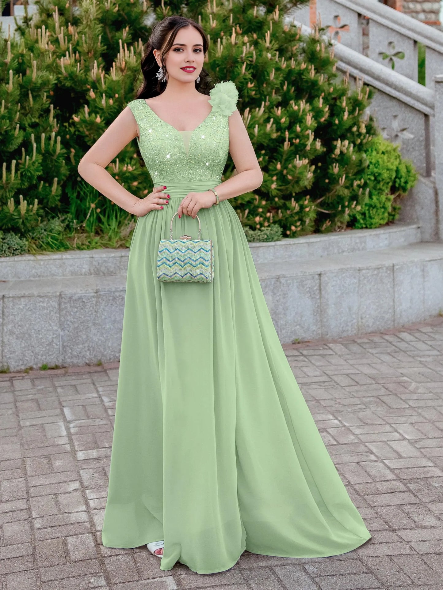 Fashionable A-Line V Neck Sleeveless Back Zip Floor-Length Side Slit prom dress for women