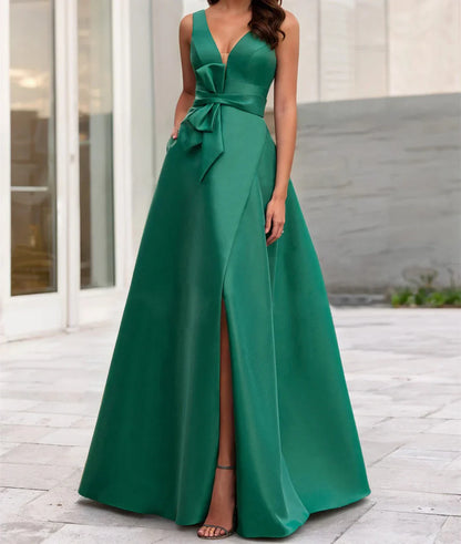 Fashionable A-Line V Neck Sleeveless Backless Floor-Length Side Slit Evening dress for women