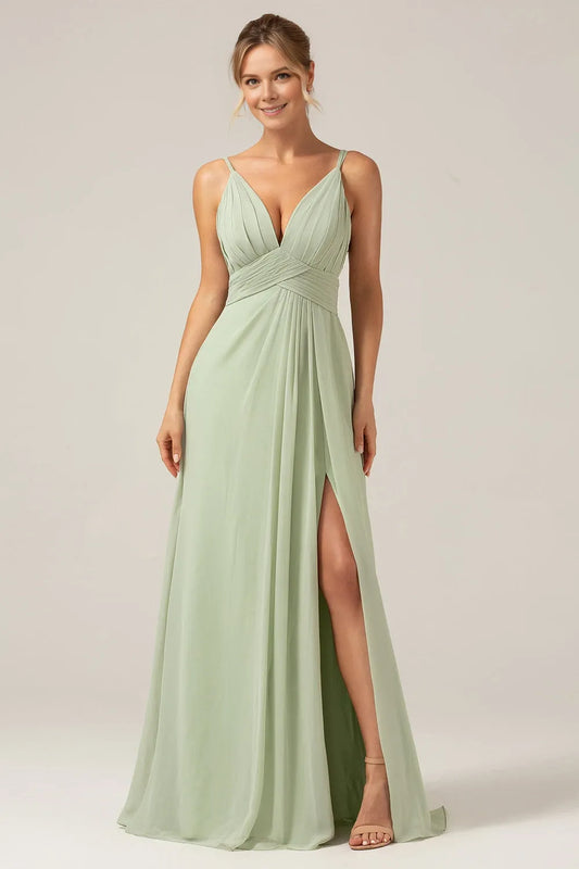Fashionable A-Line V Neck Sleeveless Button Floor-Length Side Slit Bridesmaid Dress for women