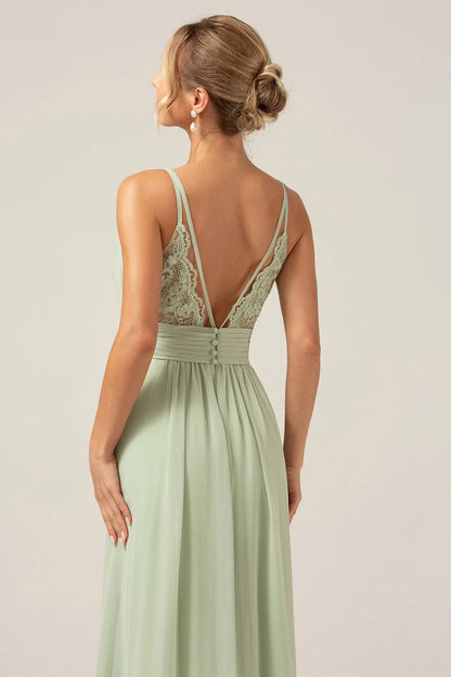 Fashionable A-Line V Neck Sleeveless Button Floor-Length Side Slit Bridesmaid Dress for women