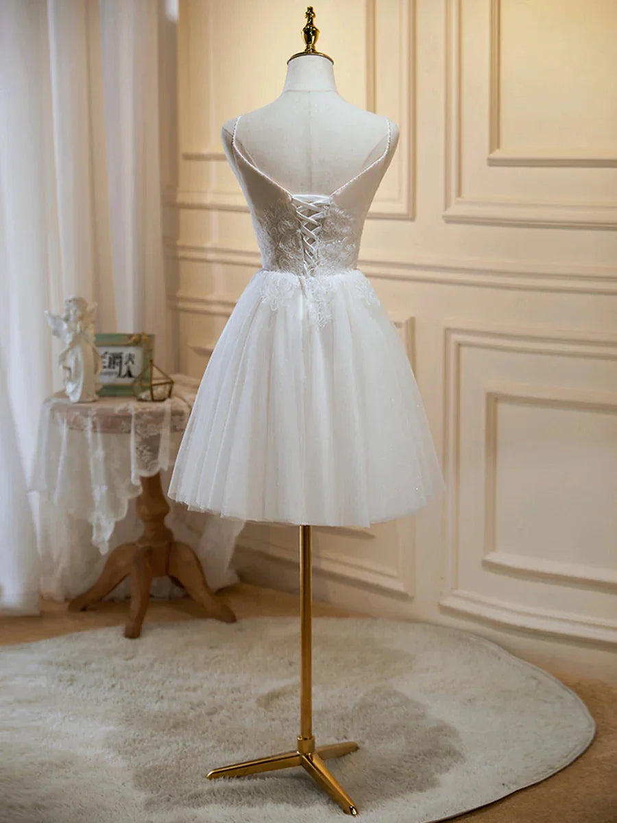 Fashionable A-Line V Neck Sleeveless Crisscross Back Tea-Length Homecoming Dress for ladies
