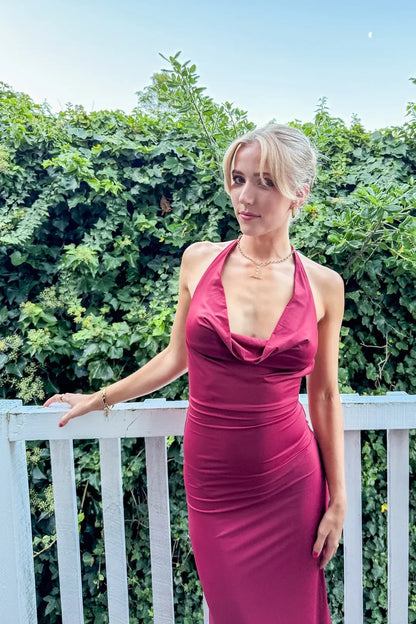 Fashionable Mermaid Cowl Neck Sleeveless Satin Pleated Floor-Length Prom Dress