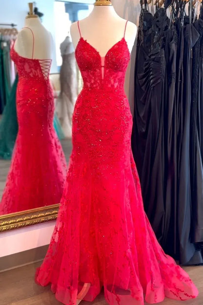 Fashionable Mermaid Spaghetti Straps Sleeveless Pleated Tulle Floor-Length Prom Dress