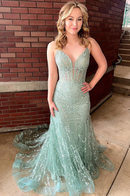 Fashionable Mermaid Spaghetti Straps Sleeveless Pleated Tulle Floor-Length Prom Dress
