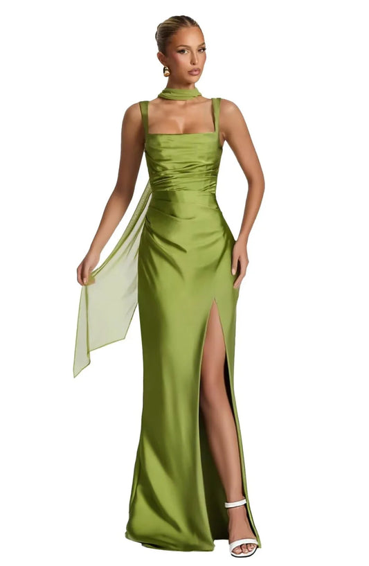 Fashionable Mermaid Straight Sleeveless Crisscross Back Floor-Length Side Slit prom dress for women