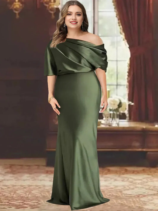 Fashionable SheathColumn One Shoulder Short Sleeve Backless Floor-Length Mother of the Bride Dress for women