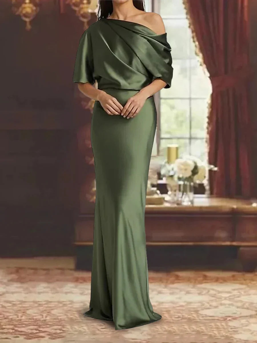 Fashionable SheathColumn One Shoulder Short Sleeve Backless Floor-Length Mother of the Bride Dress for women