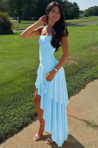 Fashionable Sheath Strapless Sleeveless Satin Ruffles Floor-Length Prom Dress