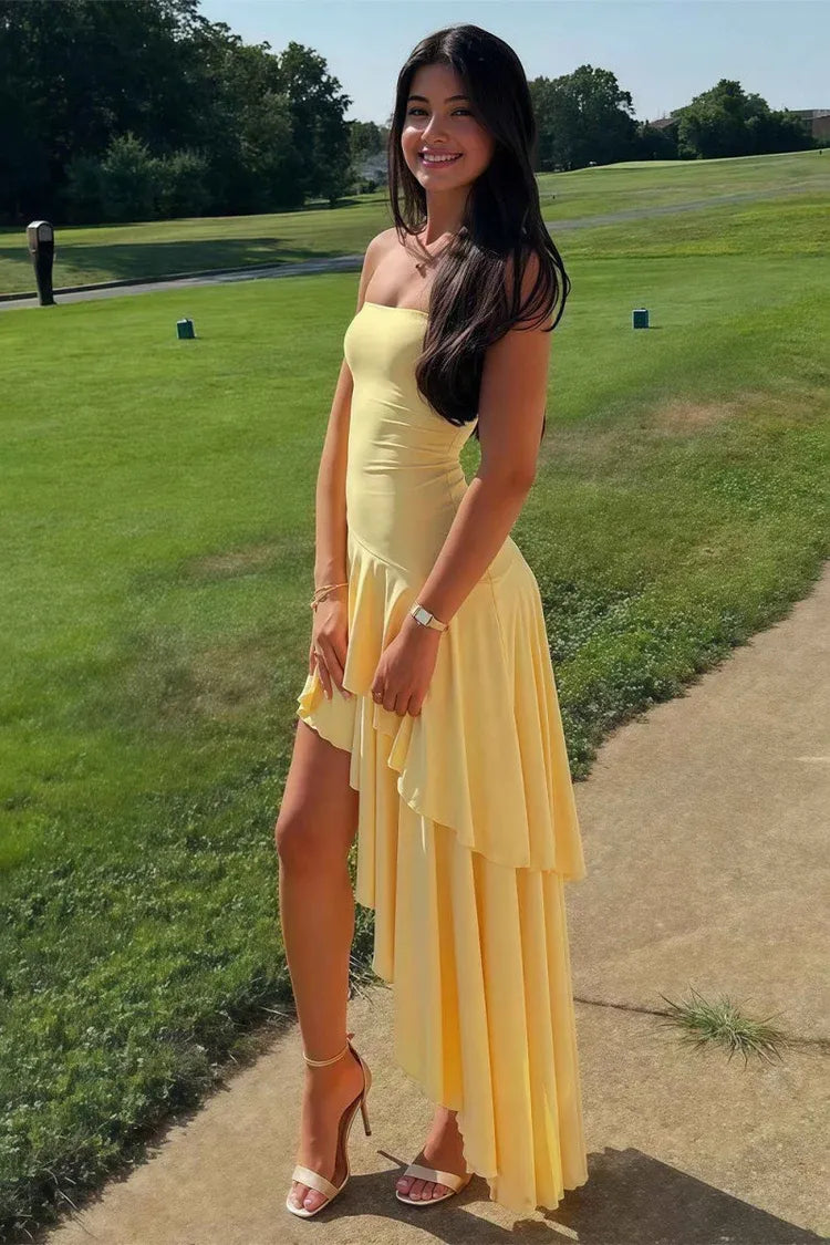 Fashionable Sheath Strapless Sleeveless Satin Ruffles Floor-Length Prom Dress