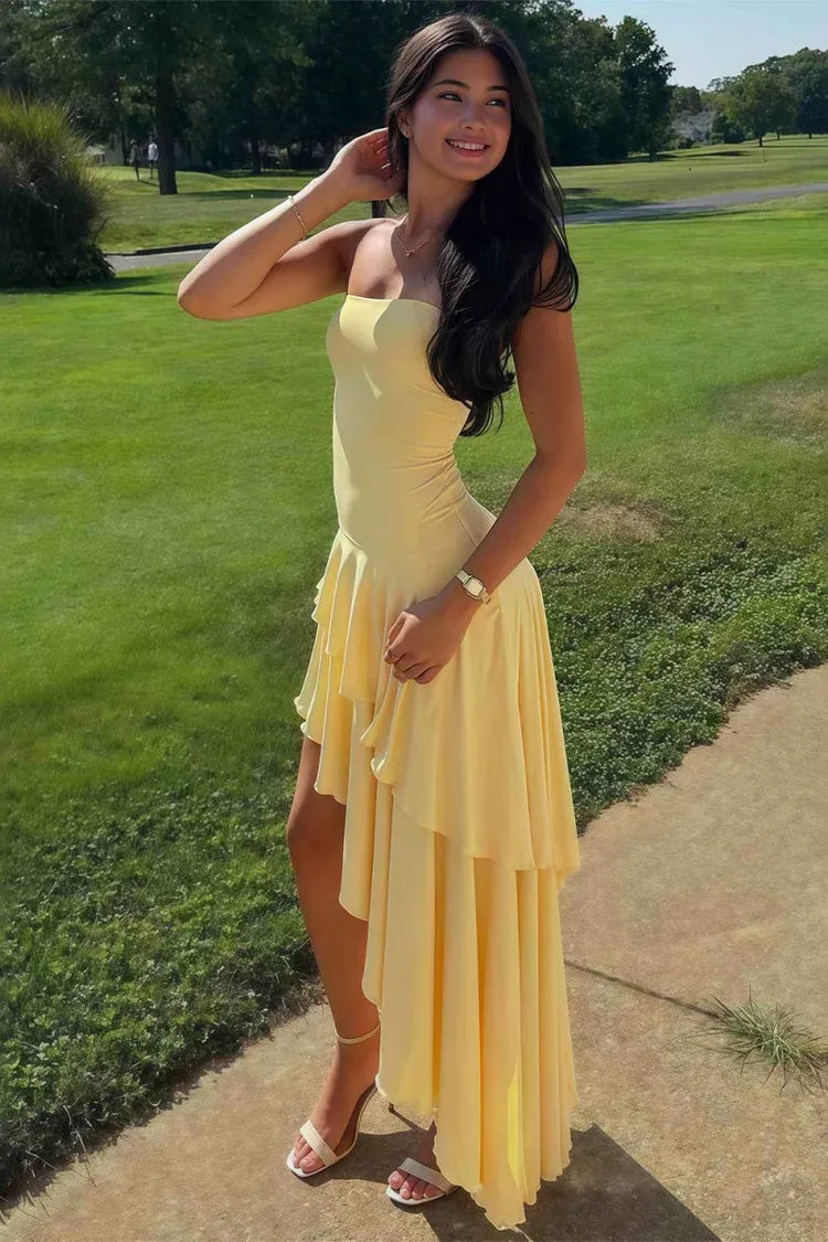 Fashionable Sheath Strapless Sleeveless Satin Ruffles Floor-Length Prom Dress