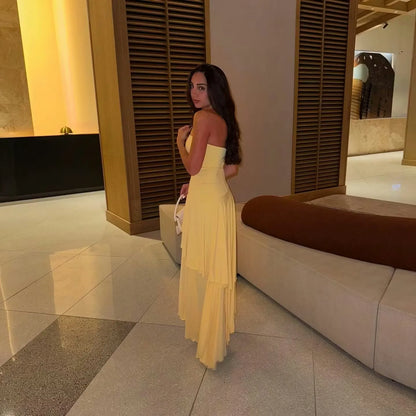 Fashionable Sheath Strapless Sleeveless Satin Ruffles Floor-Length Prom Dress