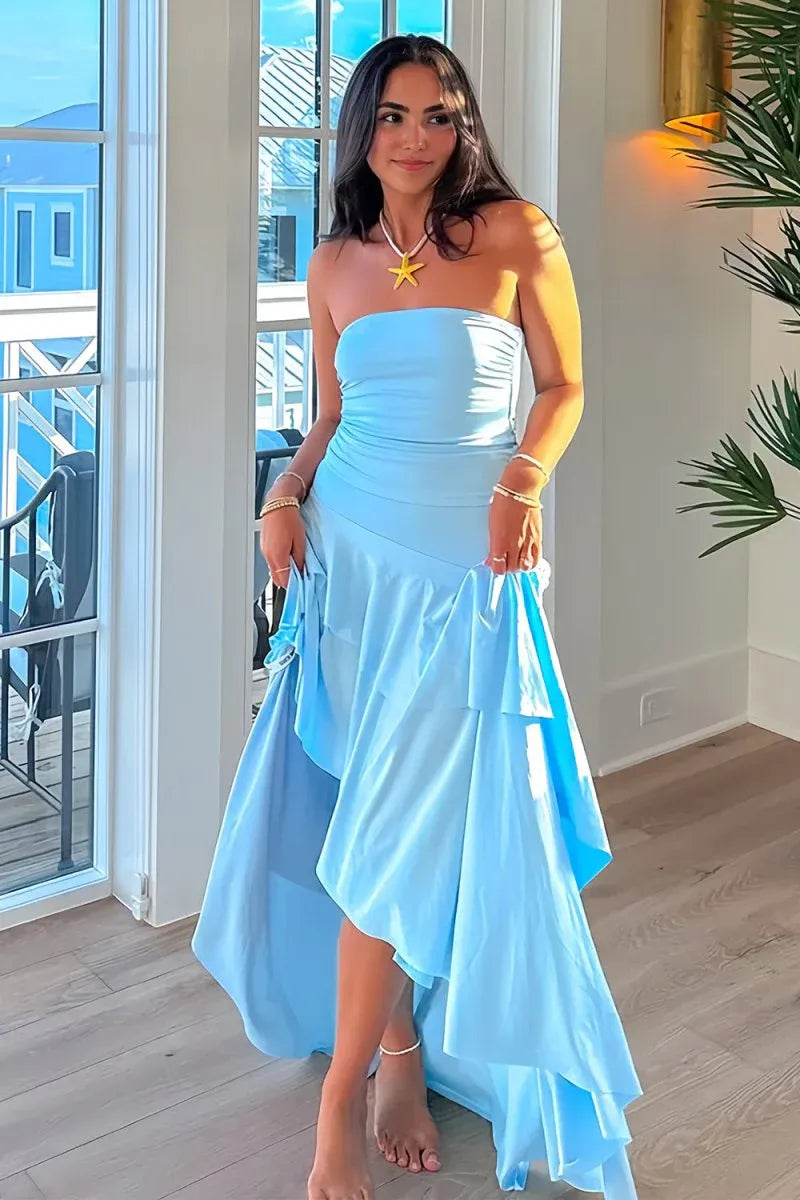 Fashionable Sheath Strapless Sleeveless Satin Ruffles Floor-Length Prom Dress