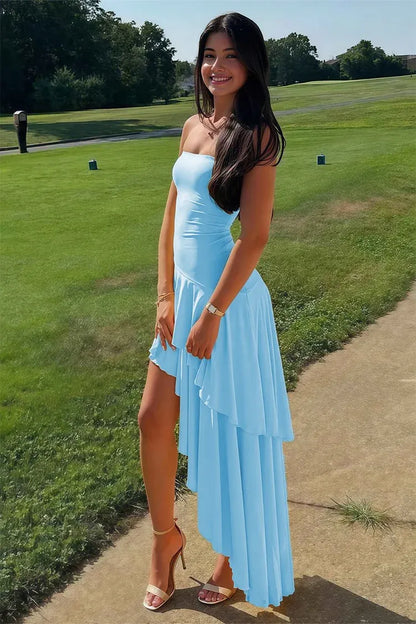 Fashionable Sheath Strapless Sleeveless Satin Ruffles Floor-Length Prom Dress