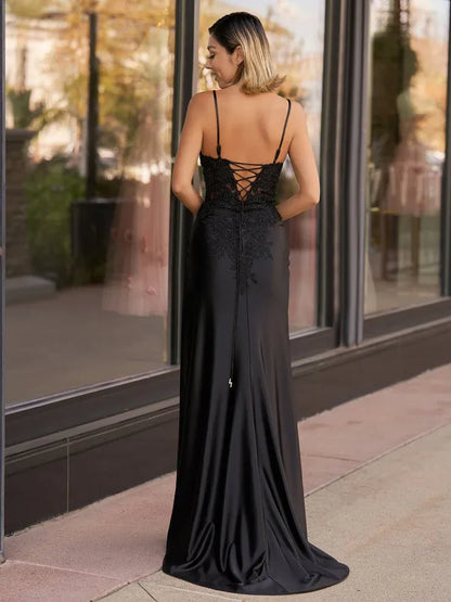 Fashionable Sheath V Neck Sleeveless Satin Appliques Floor-Length Prom Dress