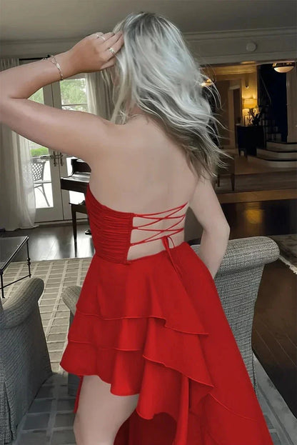 Fashionable Simple Strapless Sleeveless Lace Up Asymmetrical prom dress for ladies