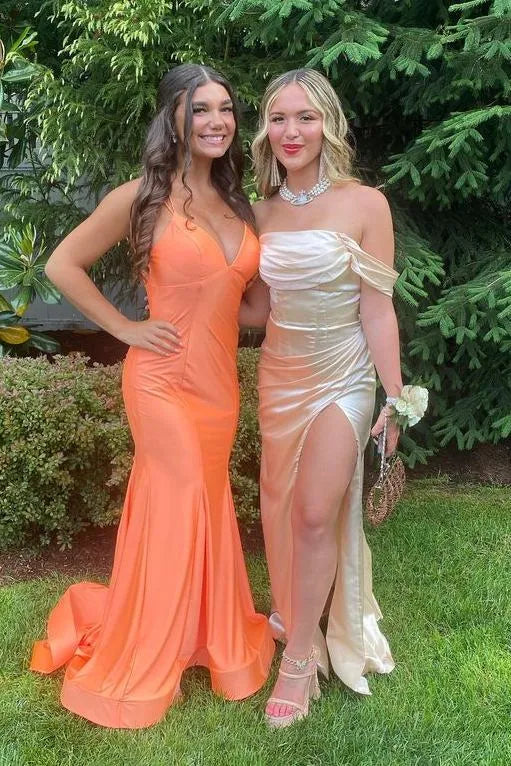 Fashionable V Neck Sleeveless Mermaid Pleated Satin Long Prom Dress