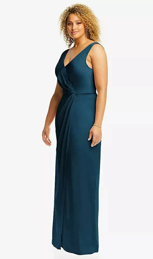 Faux Wrap Whisper Satin Maxi Dress with Draped Tulip Skirt in Atlantic Blue